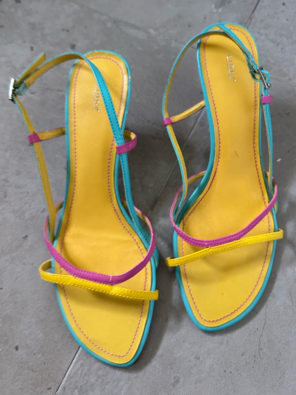 Yellow Pink Turquoise Multi-Strap Women’s kitten heel sandals